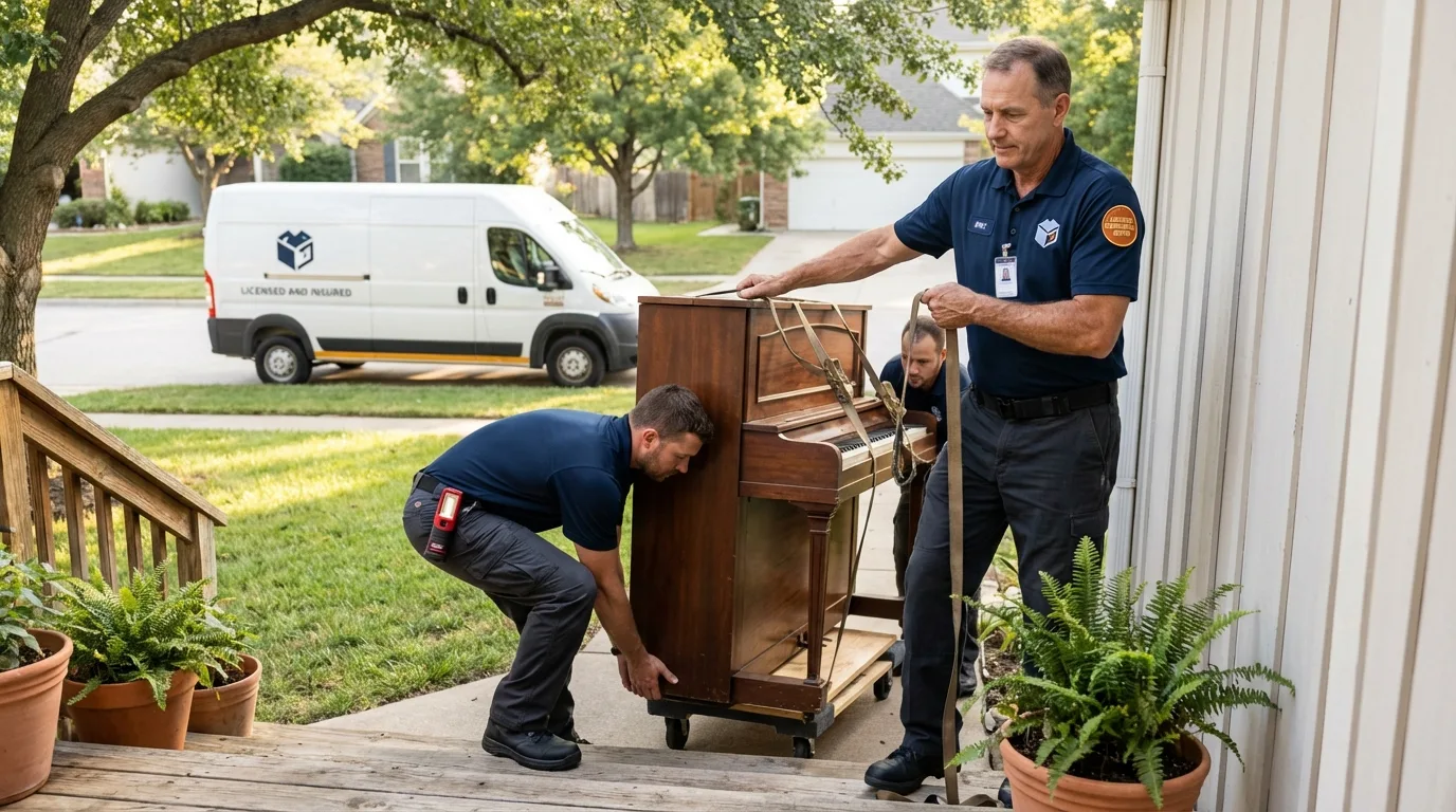Licensed piano movers securing grand piano in Monmouth Beach, NJ