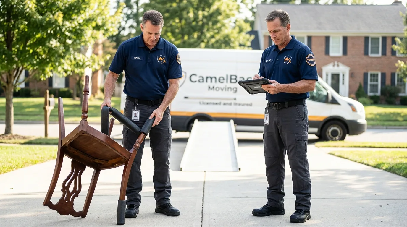 Movers inspecting furniture for damage prevention before loading in Monmouth Beach, NJ