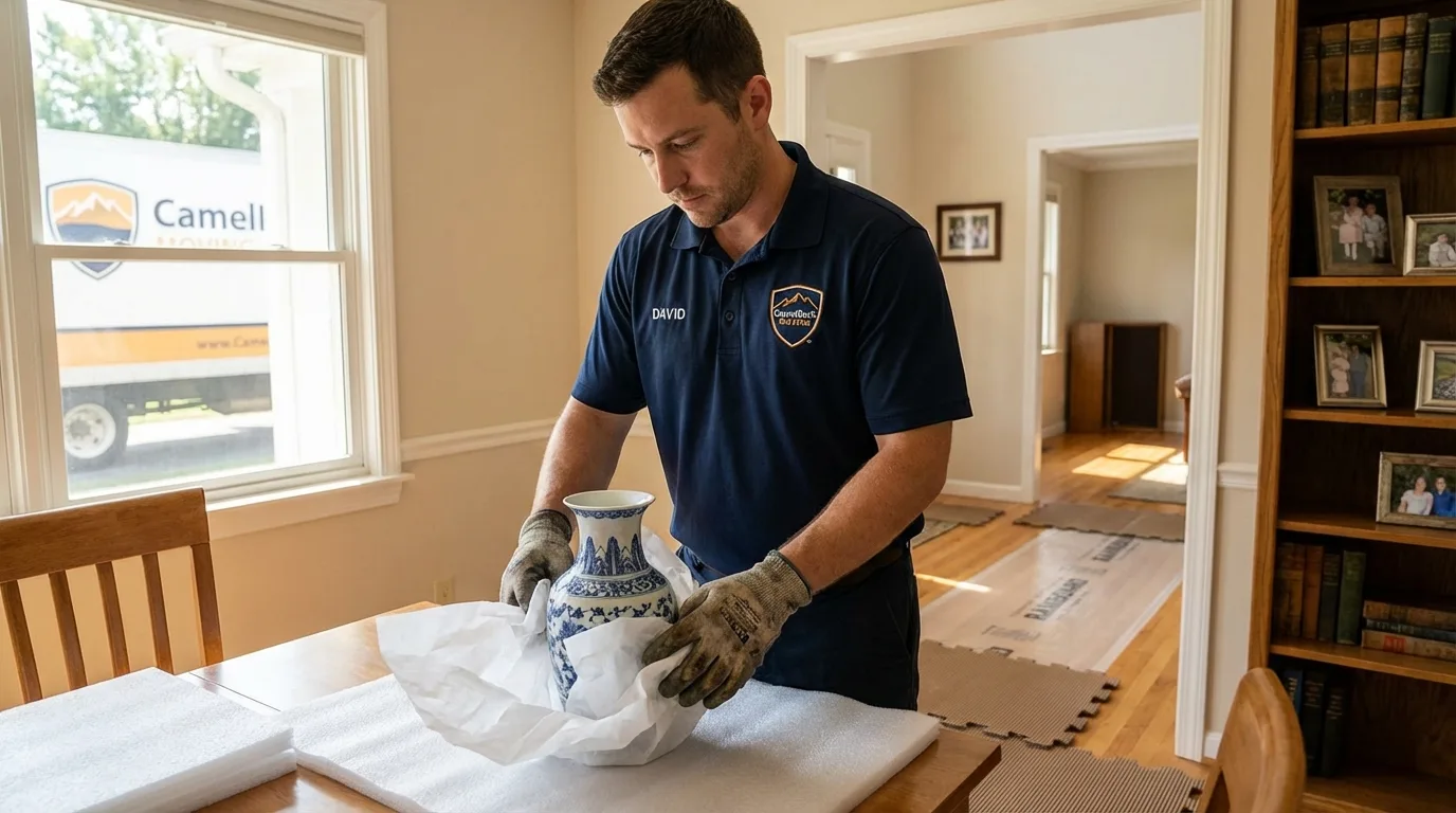 Professional crew carefully wrapping antique vase for senior downsizing move in Monmouth Beach, NJ